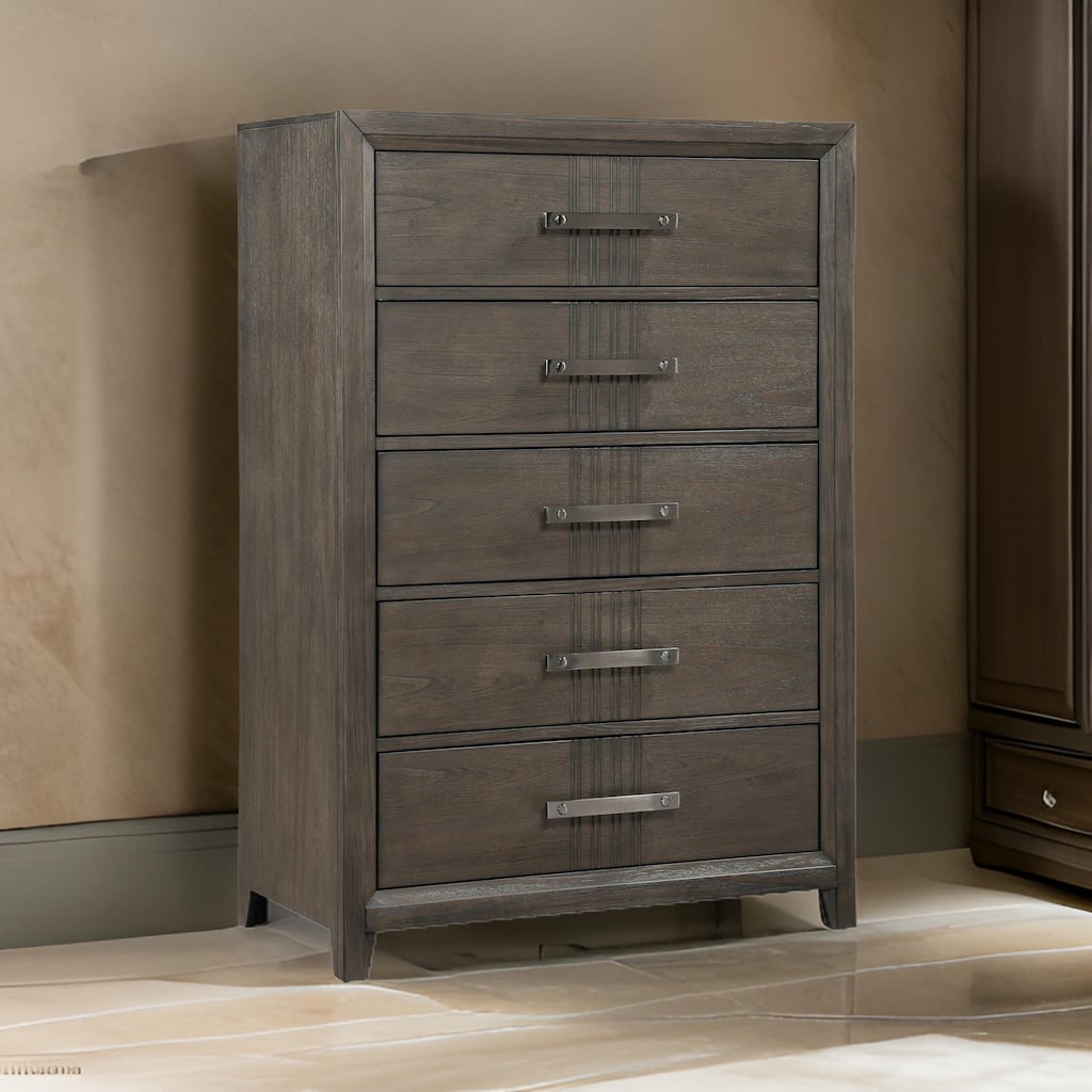 Wali 51 Inch Tall Dresser Chest, 5 Drawer, Black Handles, Walnut Brown