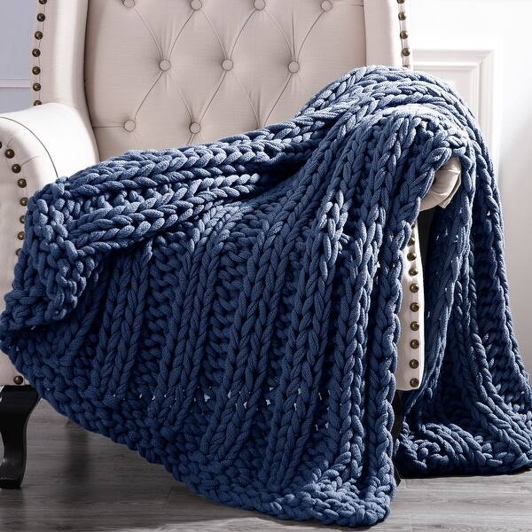 slide 8 of 8, Modern Threads Luxury Chunky Knit Acrylic Bed Sofa Throw Navy