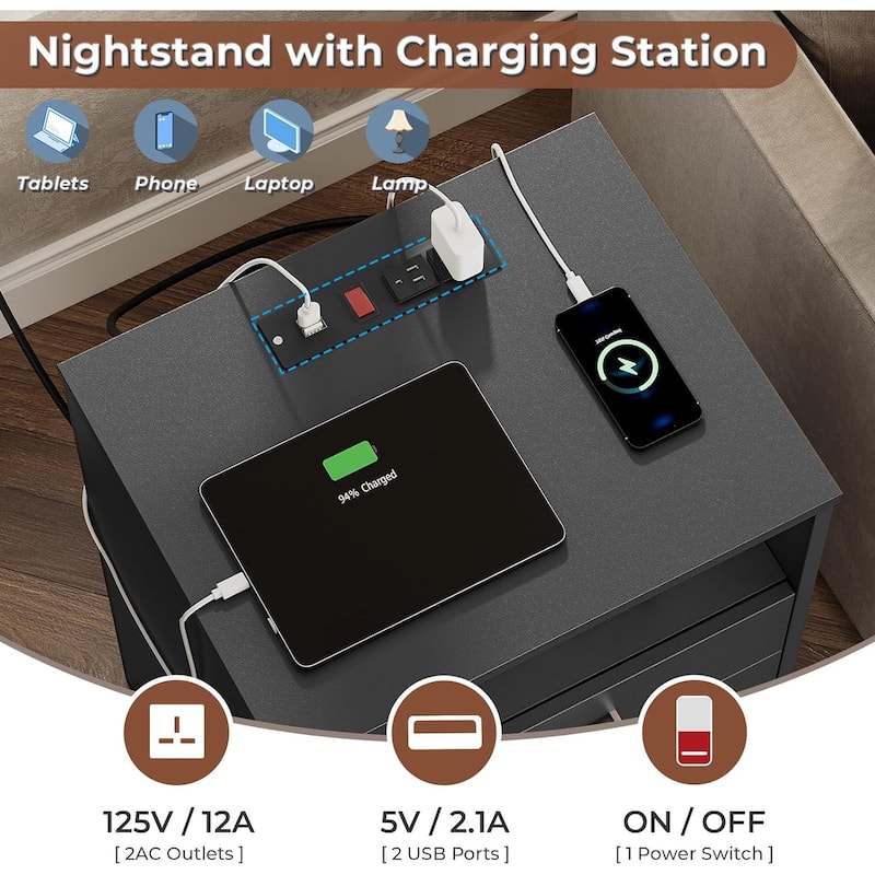 Nightstand 3 Drawers Open Storage Charging Station