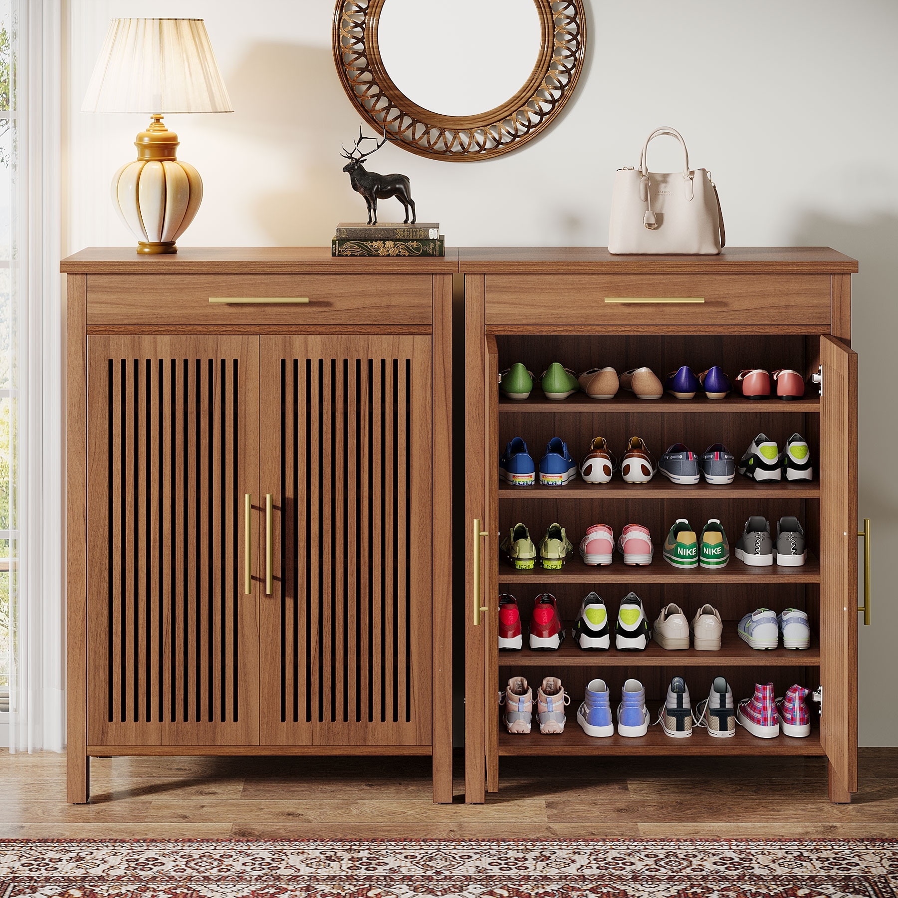 Shoe Cabinet with Louvered Doors & Drawer, Freestanding Wooden Shoe Rack for Entryway