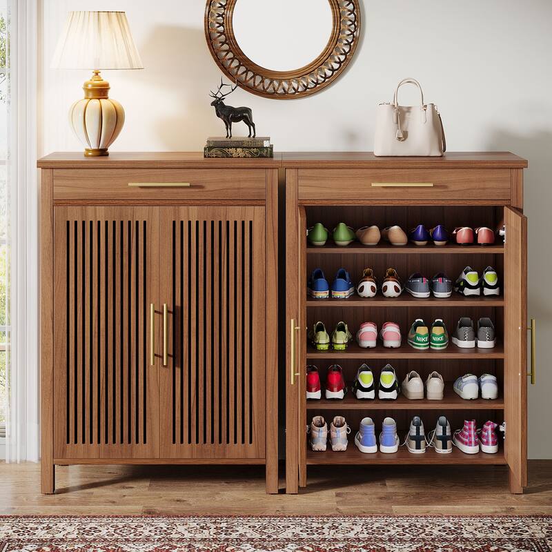 Shoe Cabinet with Louvered Doors & Drawer, Freestanding Wooden Shoe Rack for Entryway