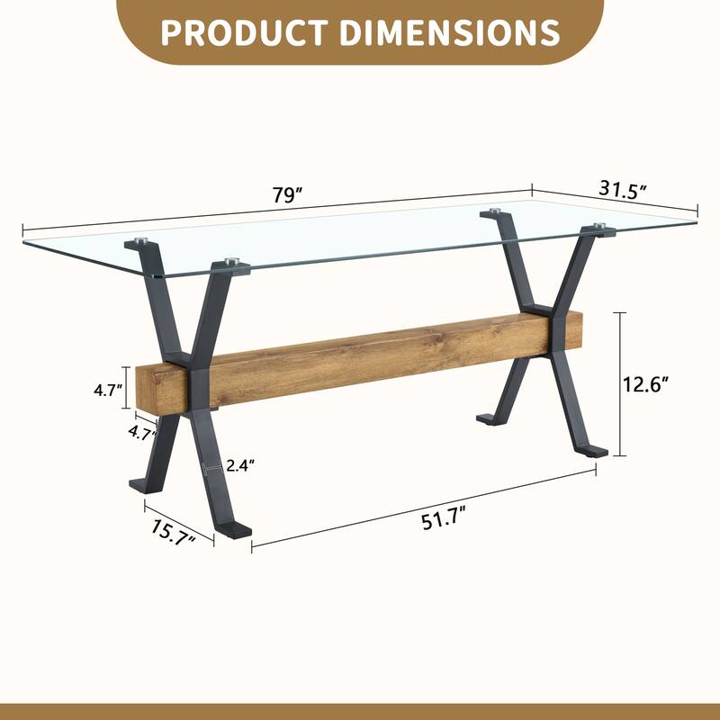 Roomfitters Large Glass Dining Table with 79 Inch Top and Black X-Shaped Legs with MDF Beam for Dining Room, Black, Transparent
