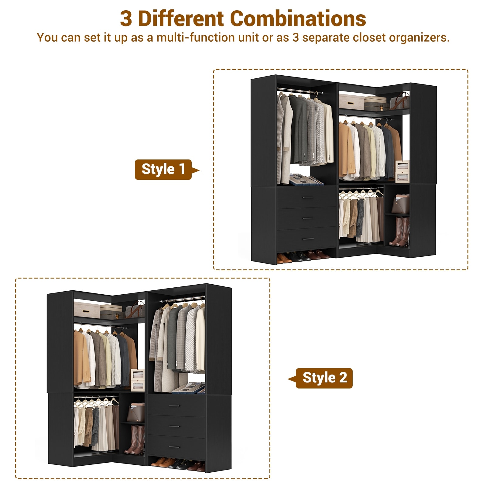 Homieasy 110'' 3-Piece Corner Closet Organizer System – White Wood With Drawers & Hanging Rods
