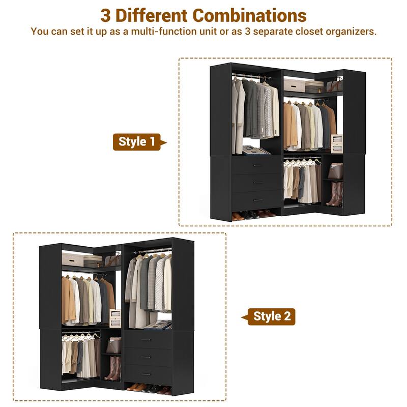 Homieasy 110'' 3-Piece Corner Closet Organizer System – White Wood With Drawers & Hanging Rods