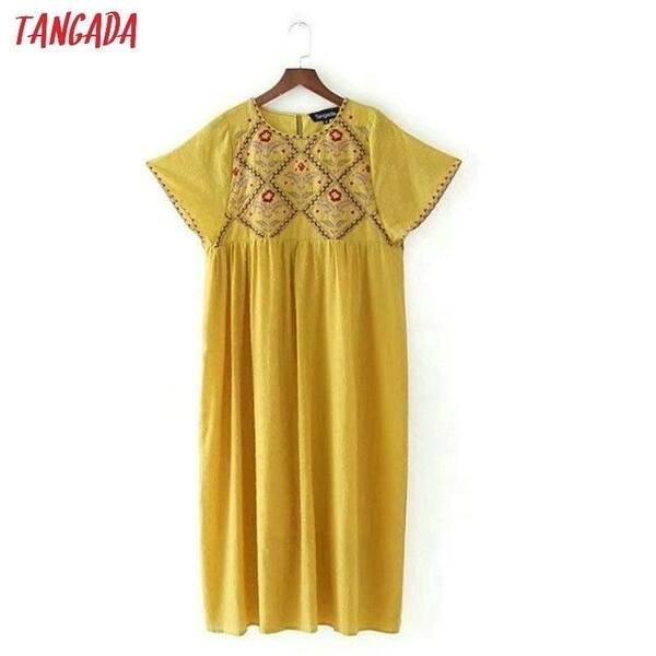 Shop Tangada Vintage Floral Embroidery Yellow Dress Tassel Boho