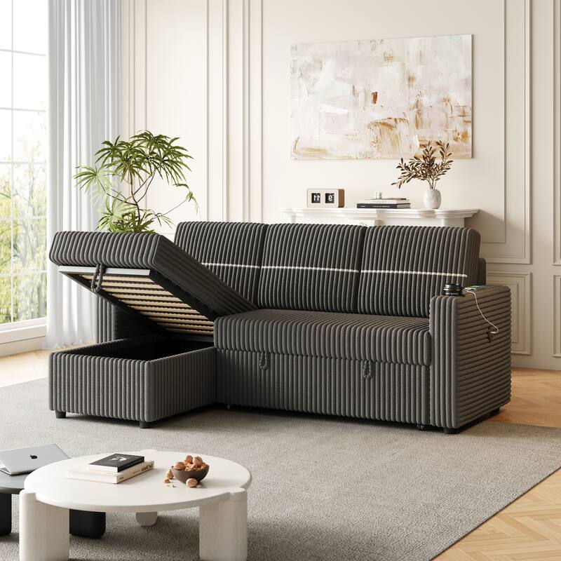 Corduroy Sleeper Sofa Bed with Storage Chaise, Dual Cup Holders, and USB Charging Port Convertible Couch for Living Room