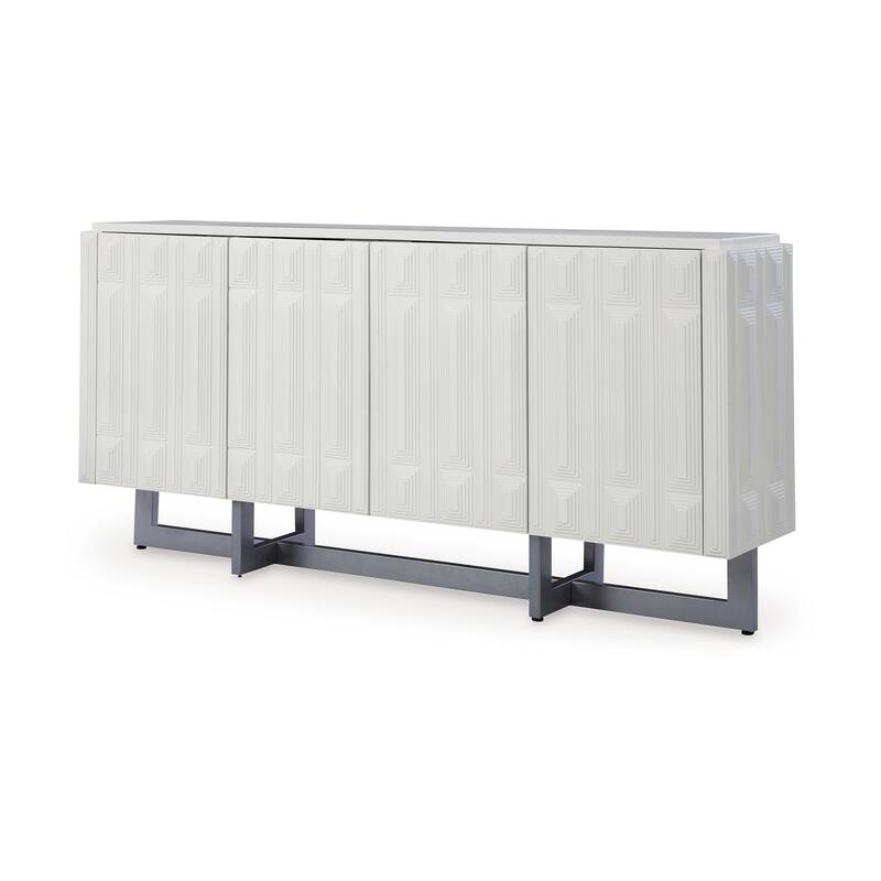 Sideboard Cabinet Console, Geometric Pattern 4 Doors, White 73 Inch