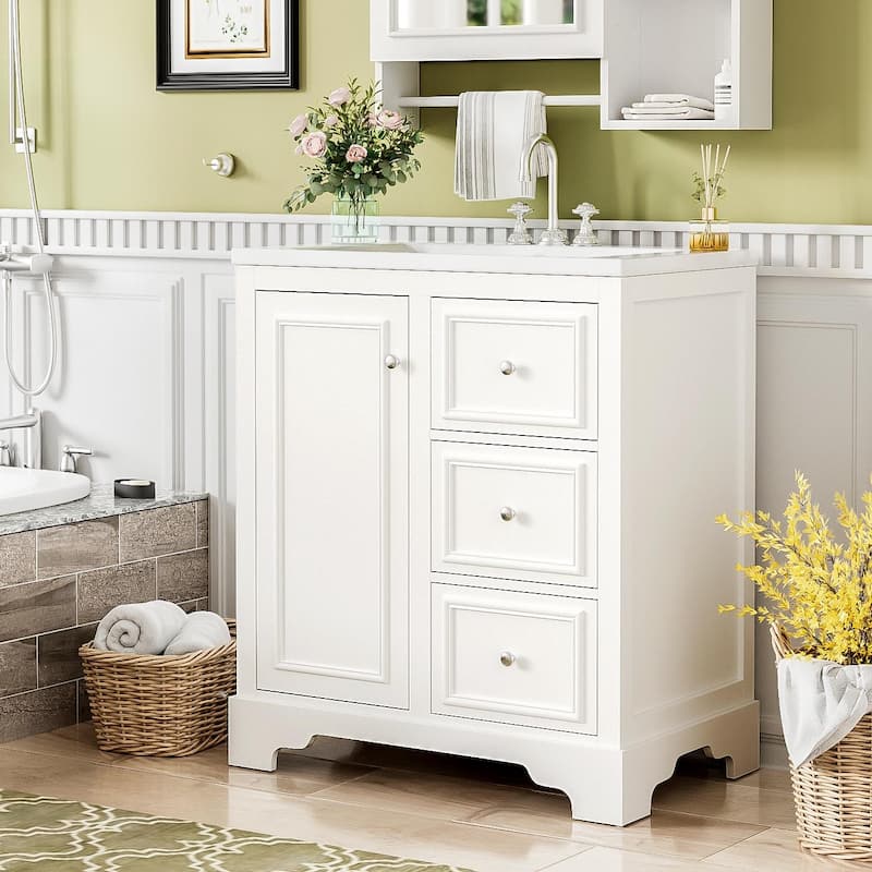 30" Bathroom Vanity with Ceramic Sink, Storage Cabinet and 3 Drawers