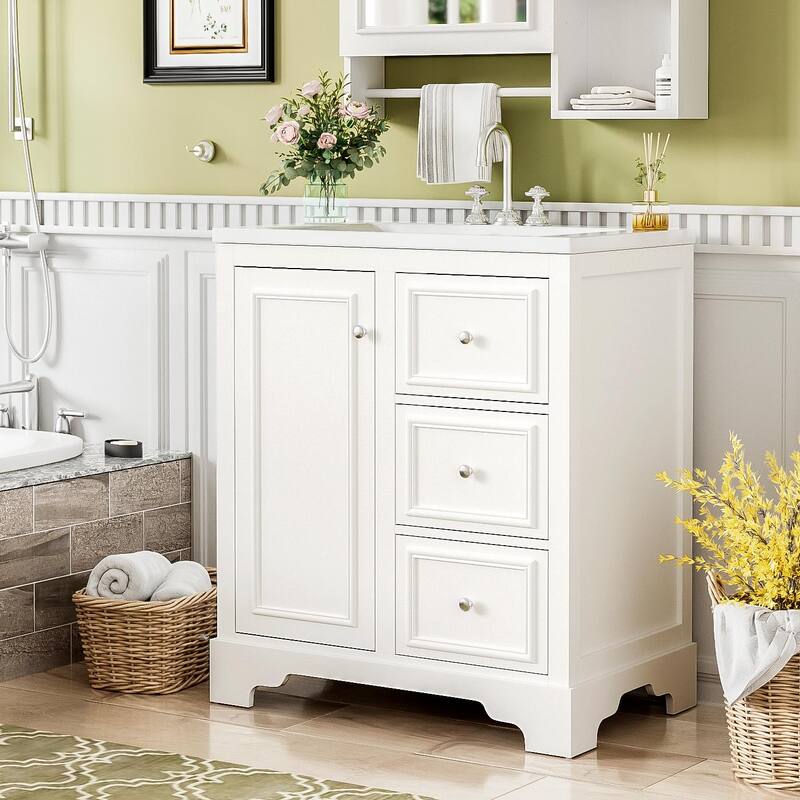GDFStudio - Aster 30" Bathroom Vanity Cabinet with Basin, 3 Drawers & Adjustable Shelves - without Mirror - White
