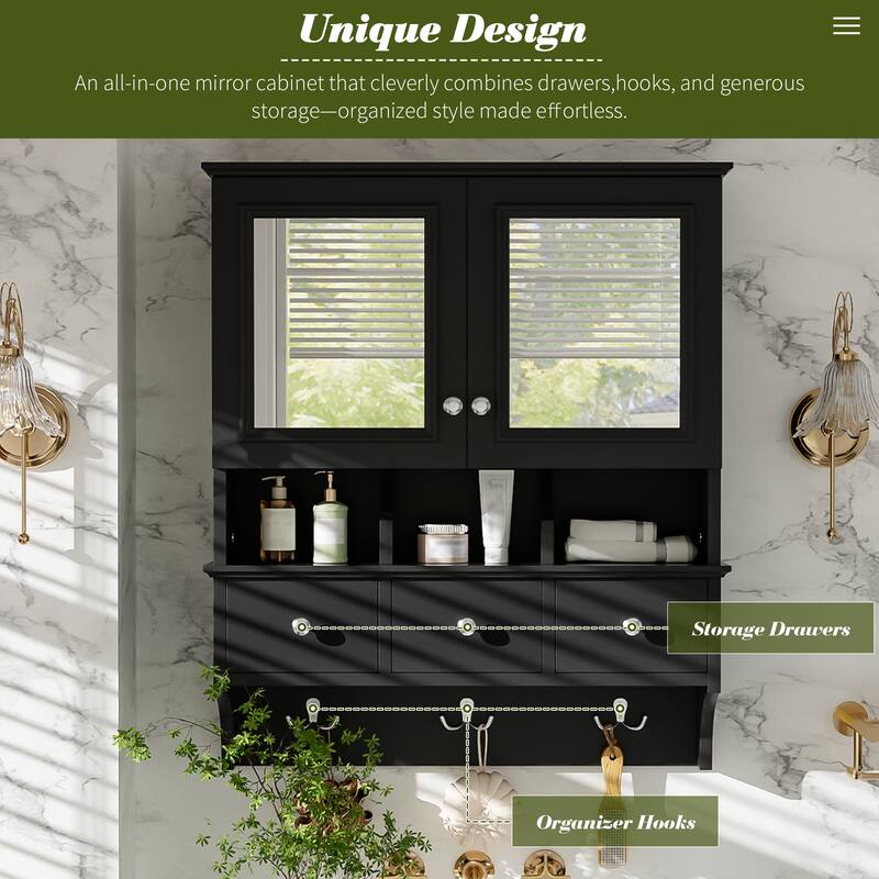24" Wall Mounted 4-in-1 Bathroom Mirror Cabinet with Drawers & Hooks, High-Definition Medicine Cabinet with Storage for Vanity