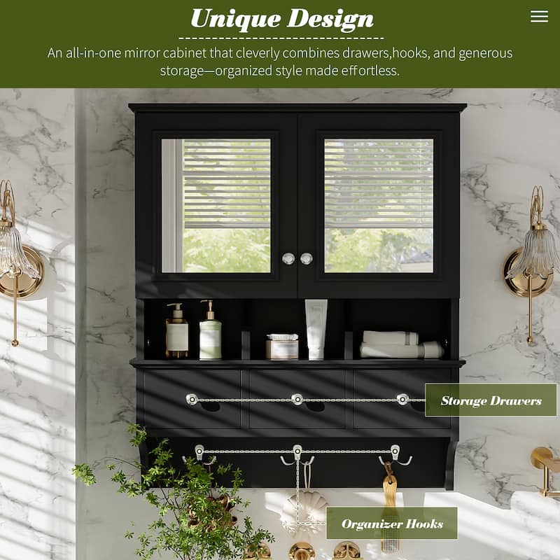 24 Inch 4-in-1 Wall Mounted Medicine Cabinet with Mirror, Drawers and Hooks, Bathroom Storage Organizer