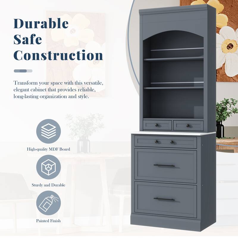 Kitchen Pantry with Countertop, Tall Freestanding Storage Cabinet with 5 Storage Drawers & Adjustable Shelf