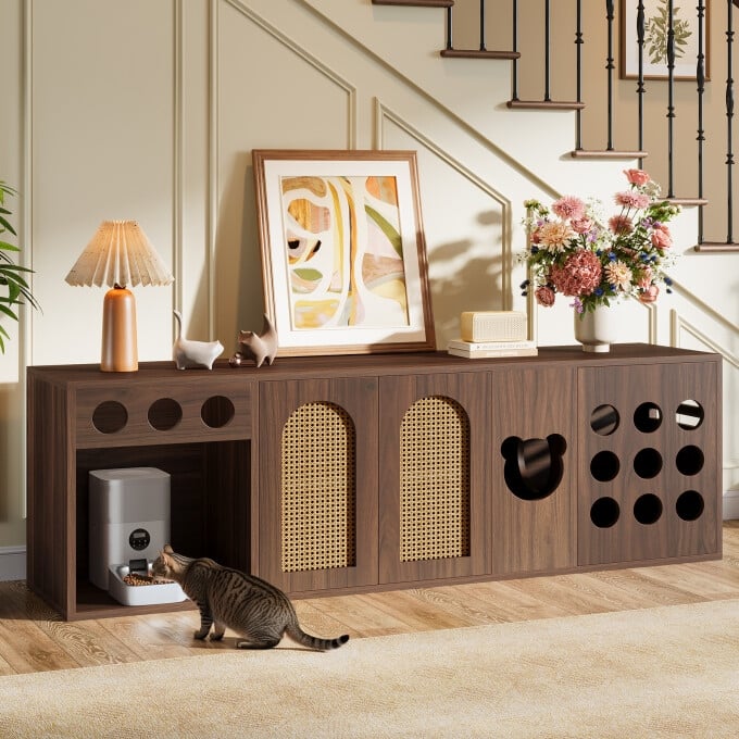 Extra Large Cat Litter Box Enclosure, 70.9-Inch Hidden Litter Box Furniture Cabinet, XL Wooden Farmhouse Indoor Cat House