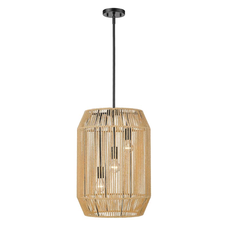 Marlee 15" Wide 3-Light Pendant - Matte Black with Natural Raphia Rope