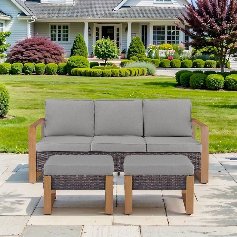 Pocassy Outdoor Sofa, Swivel Chair, Patio Chair Ottoman Set - 3 Pieces - Brown Wicker Gray Cushion