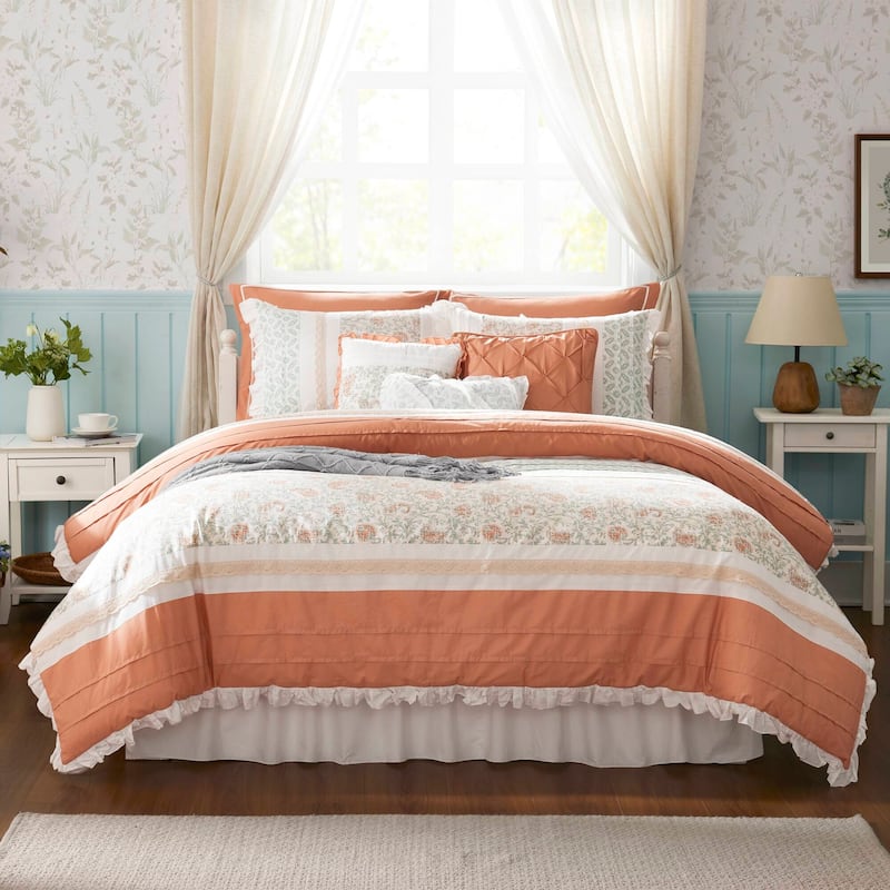 Madison Park Vanessa 9 Piece Cotton Percale Comforter Set - Coral - California King