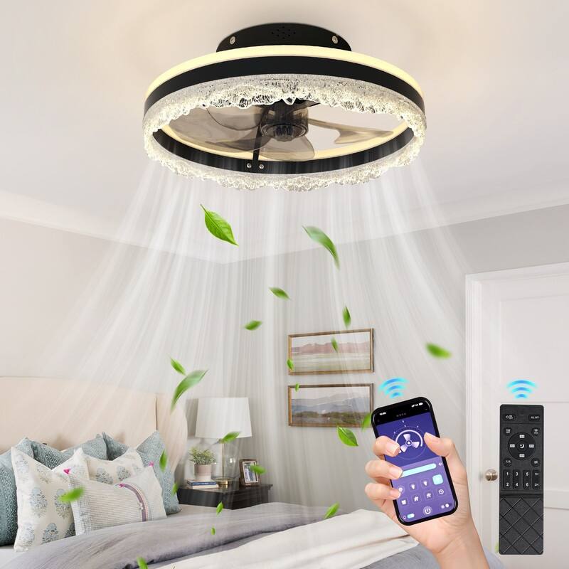 Smart Silent LED Ceiling Fan with Light Crystal Flush Mount, Hidden Blades