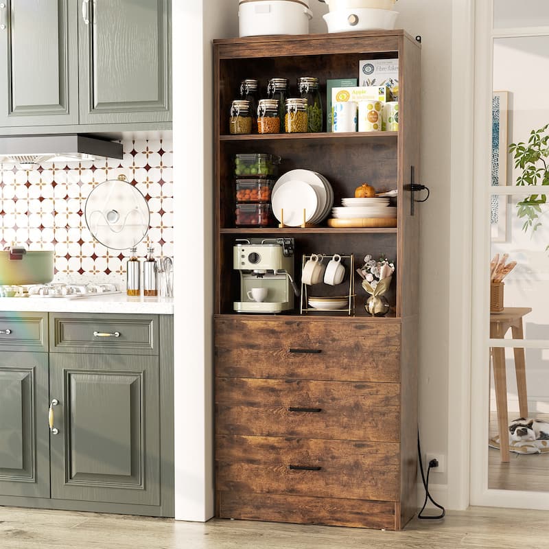 6-Tier 23.6'' Display Cabinet with Charging Station and Drawers, Bookcase Storage Shelf Kitchen Pantry