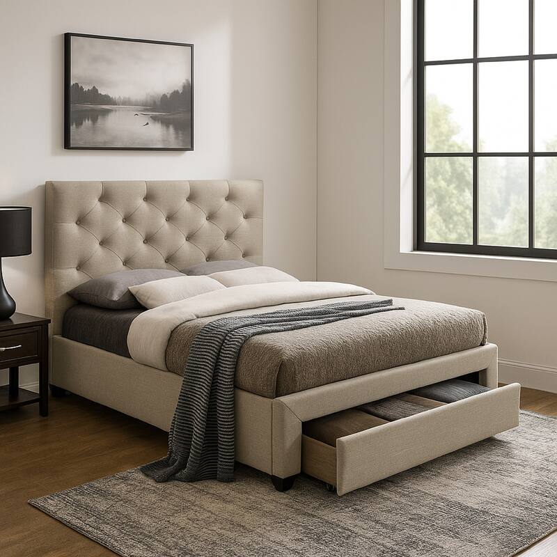 Sya Twin Size Bed w Button Tufted Upholstery, Underbed Storage, Beige