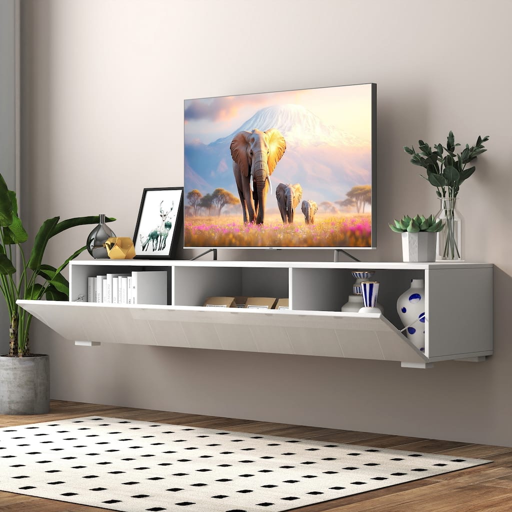 Anmytek Glossy White TV Stand Wall Mount Floating Console Modern Media Storage Cabinet