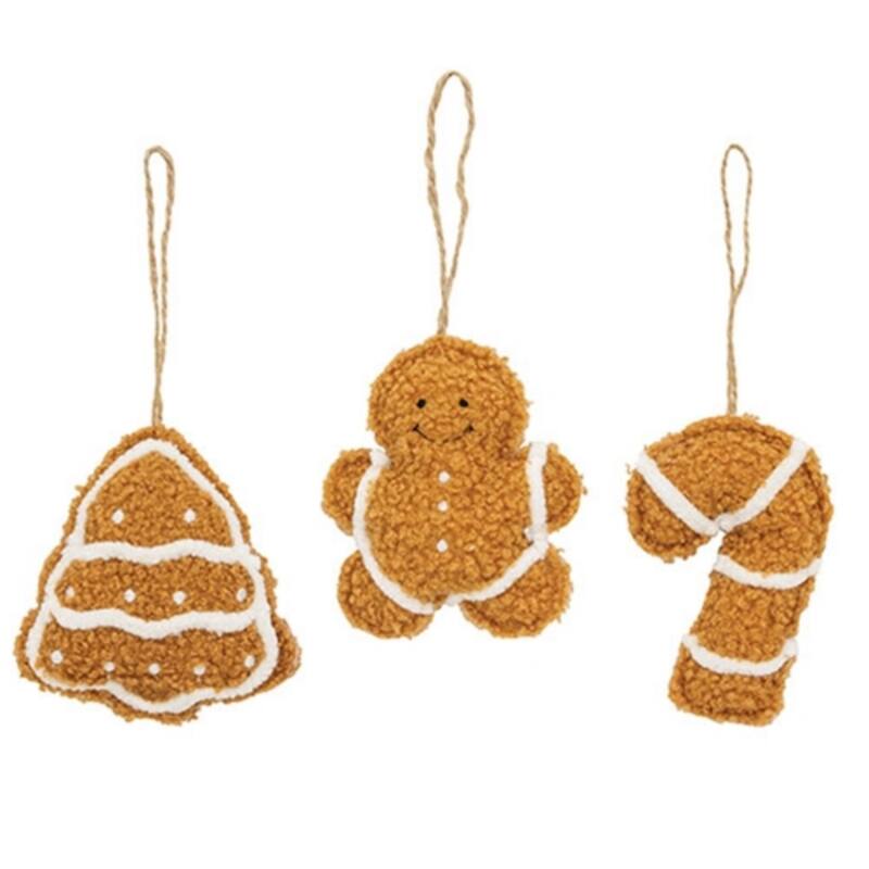 Brown Fuzzy Gingerbread Ornaments Set with Jute Hangers Christmas Decor, 3 Asstd. - 3.50 x 0.75 x 4 in. - Brown