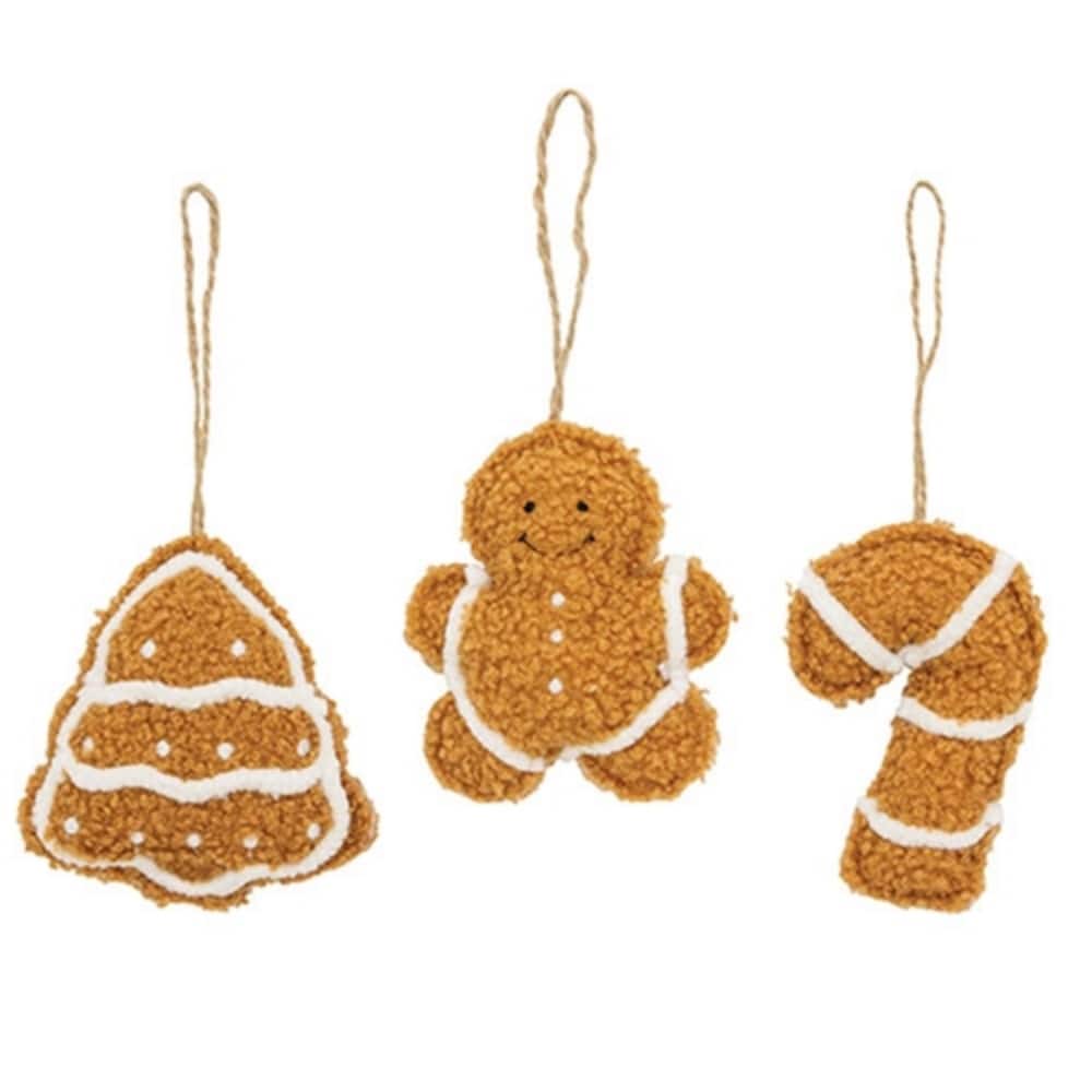 Brown Fuzzy Gingerbread Ornaments Set with Jute Hangers Christmas Decor, 3 Asstd. - 3.50 x 0.75 x 4 in.