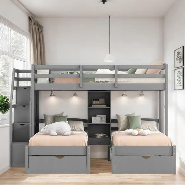 slide 2 of 12, Triple Bunk Bed with Drawers, Staircase and Built-in Shelves, Gray Grey