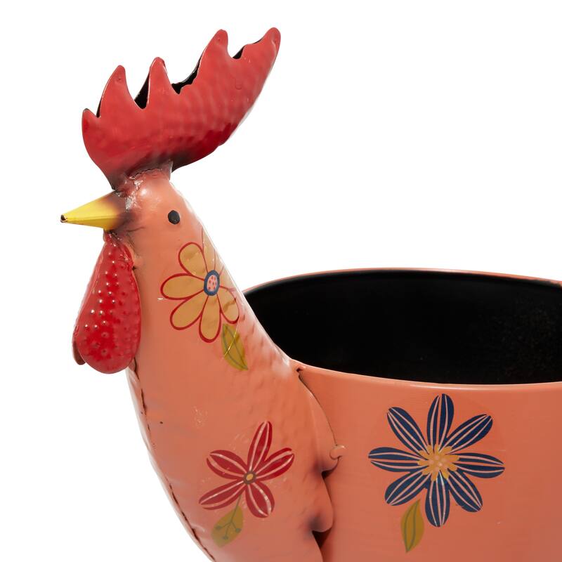 Pink Metal Rooster Indoor Outdoor Planter with Floral Pattern Planter