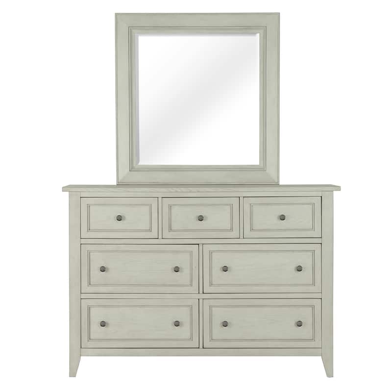 Magnussen Home Raelynn Weathered White Drawer Dresser With Portrait Concave Framed Mirror