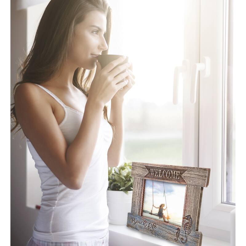 CoTa Global Driftwood Sea Horse White Distressed Wood 7X5 Photo Frame - 11.7 inches