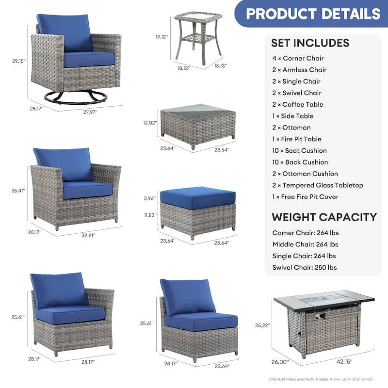 XIZZI 16-piece Outdoor Patio Wicker Furniture Sectional Set with Fire Pit