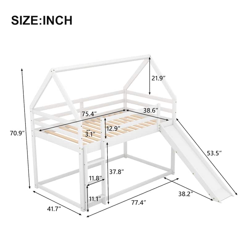 Twin Over Twin Bunk Bed with Slide House Shaped Bedframe w/Ladder