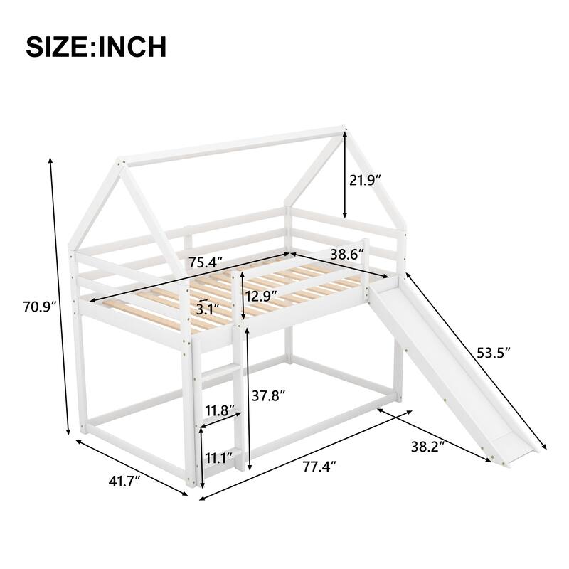 Twin Pine House Bunk Bed with Slide and Guardrails