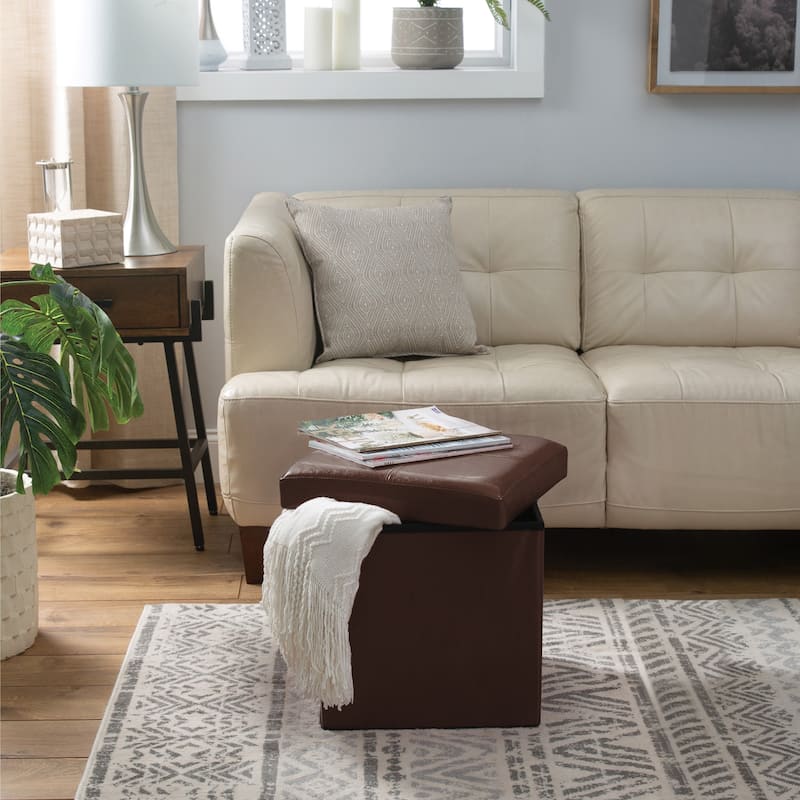 Simplify Faux Leather Folding Storage Ottoman Cube in Chocolate