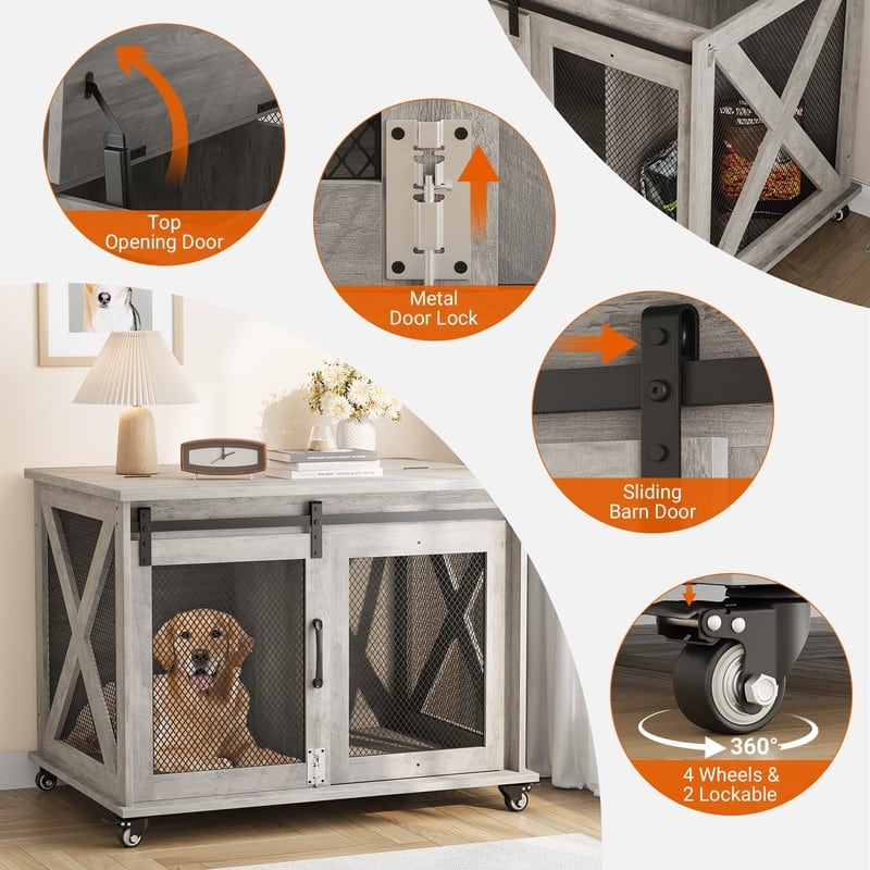 Large Wooden Dog Crate Kennel Furniture Side End Table with Flip Top and Movable Divider