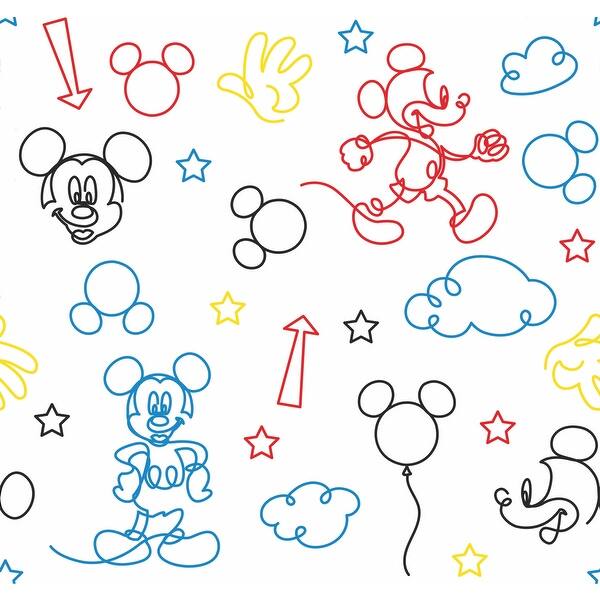 slide 2 of 7, Red & Yellow Disney Mickey Mouse Line Art Peel and Stick Wallpaper by RoomMates