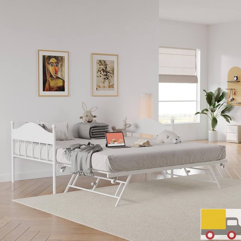 Twin Metal Daybed with Pop-Up Trundle, Lockable Casters - Twin - White