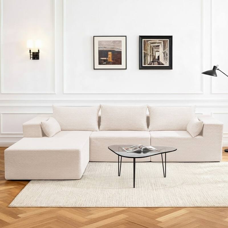 Oversized L-shaped Plush Corduroy Couch, Sectional Sofa with Deep Cushions and Chaise Lounge