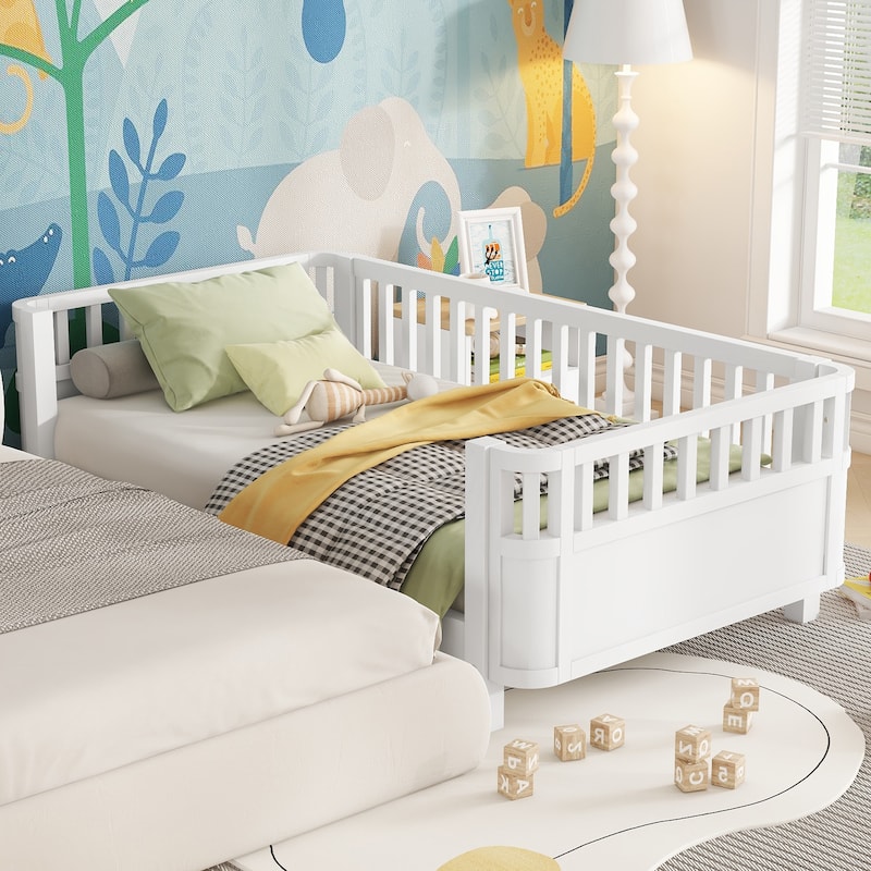 Twin Size Wood Platform Bed for Kids, Wood Low Profile Twin Bed with Rails for Girls and Boys, White (Patented Design)
