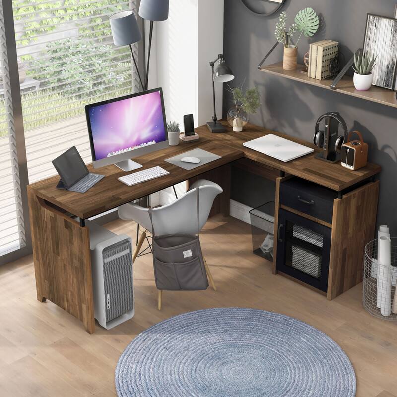 DH BASIC Urban 63-inch Multi-storage L-shape Desk by Denhour - Light Hickory