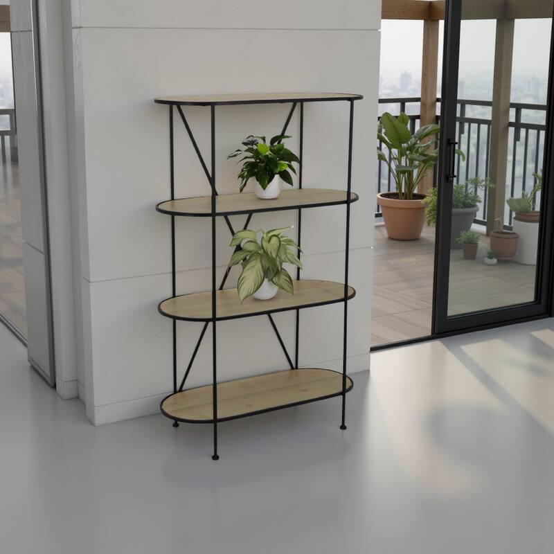 Kellie, Plant Display Stand, 4 Shelves, Black Metal Brown Wood 38 Inch