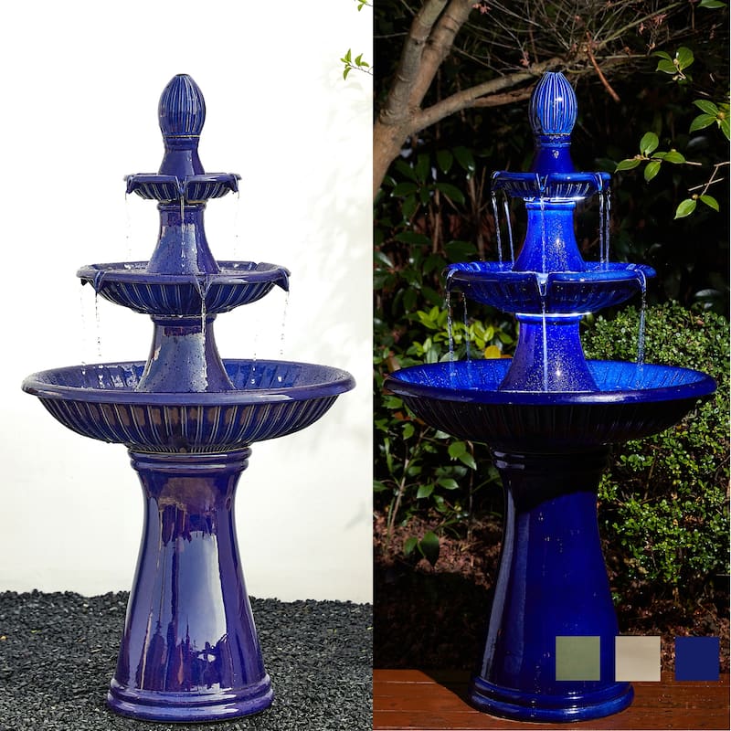Glitzhome 45"H Oversized 3-Tier Pedestal Lotus Ceramic Resin Outdoor LED Fountains