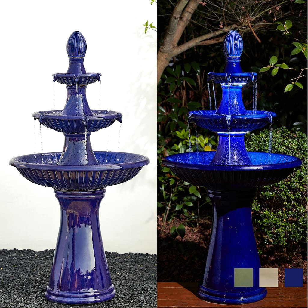 Glitzhome 45"H Oversized 3-Tier Pedestal Lotus Ceramic Resin Outdoor LED Fountains