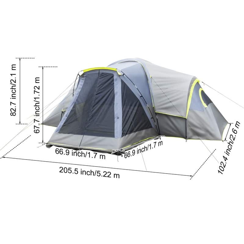 205"W x 102"D x 82"H Family 10-Person Three Rooms Camping Tent