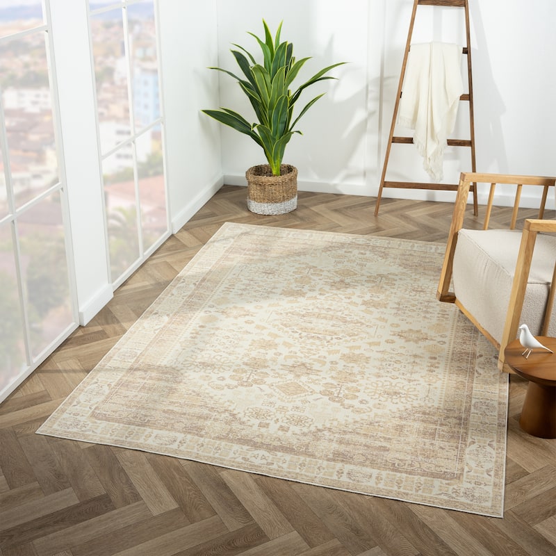 Sevita Beige Traditional Machine Washable Indoor Area Rug