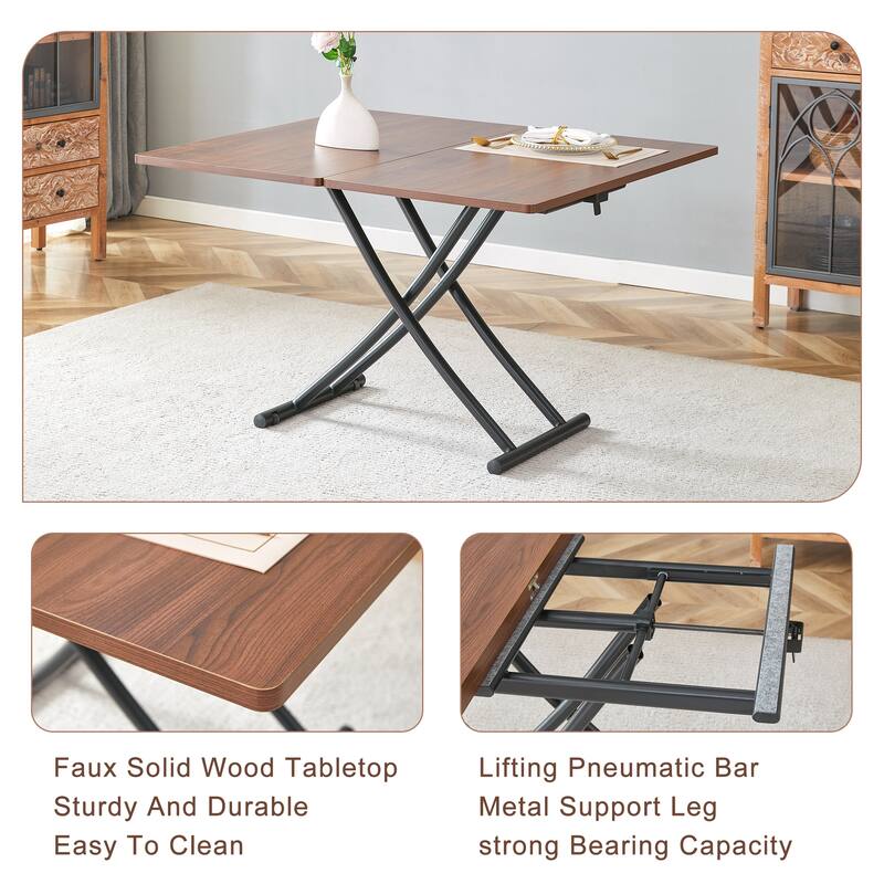 5-Piece Square Folding Dining Table Set, Wooden Lifting Dining Table with Dark Gray Linen Fabric Chairs for Small Spaces