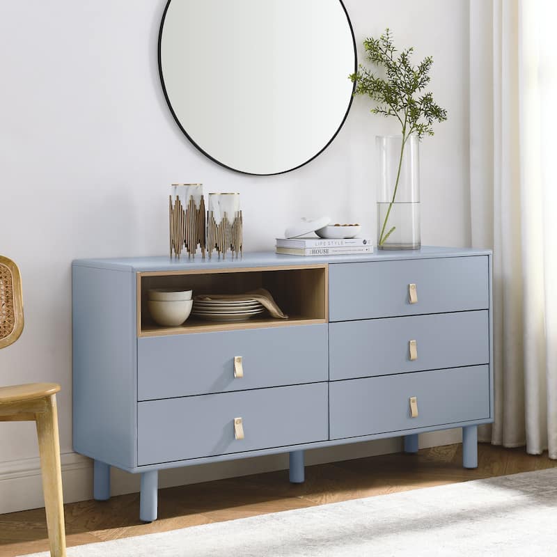 Modern 5 Drawer 55.12 in. Dresser Wood Storage Cabinet with Leather Handle, Open Shelf Drawer Cabinet
