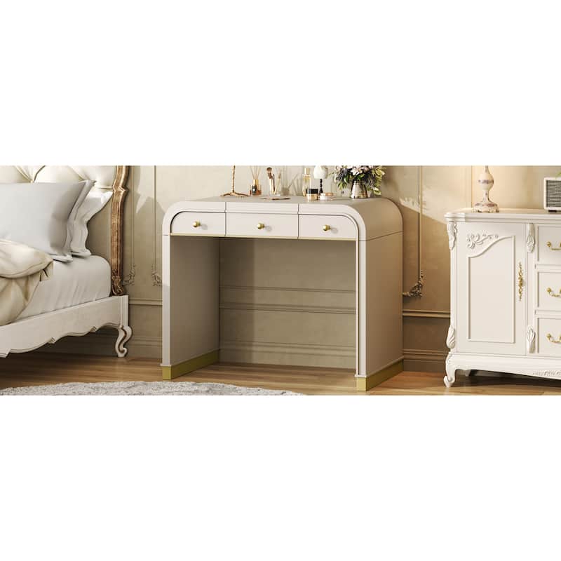 Roomfitters Flip Top Vanity Desk with Mirror and Hidden Storage, Modern Makeup Table with Gold Trim for Small Space