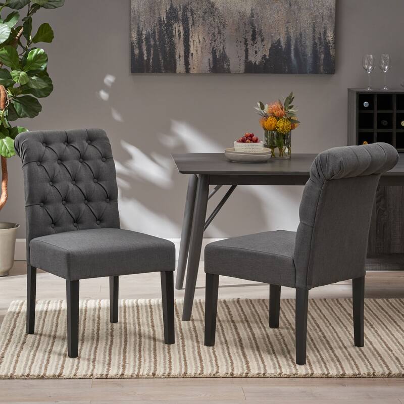 Modern Set of 2 Dining Chairs with Tufted Diamond-Stitched Backrest, Padded Seat, Solid Wood Legs for Dining Room, Living Room - Dark Gray