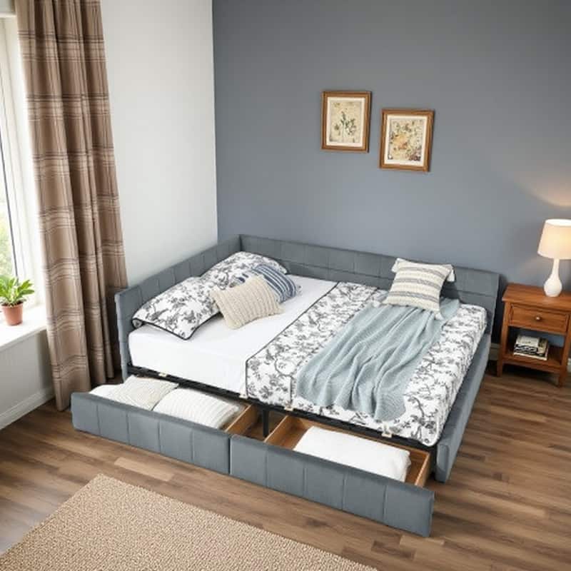 Mid-Century Queen Velvet Daybed with Storage Drawers, Tufted Upholstered Sofa Bed Frame with Backrest & Armrest - Grey